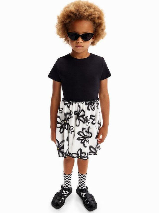 Combination Floral Kinderkleid Kurzärmelig Blumen Schwarz