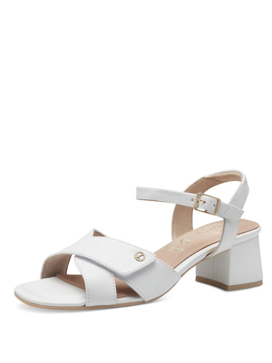 Tamaris Leather Women's Sandals White with Chunky Medium Heel