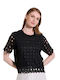 Matis Fashion pentru Femei Crop Top cu Mâneci Scurte Negru