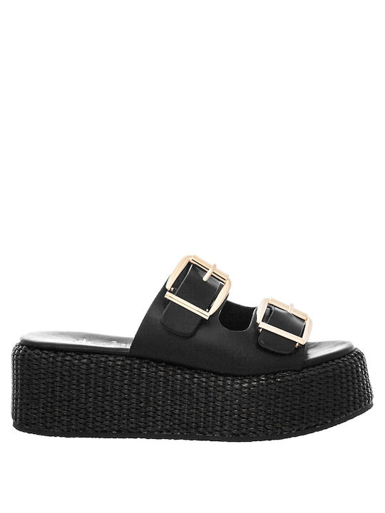 Mariella Fabiani Leather Women's Flat Sandals Flatforms in Black Color