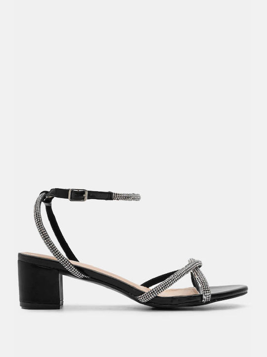 Luigi Synthetic Leather Women's Sandals with Strass & Ankle Strap Black with Medium Heel