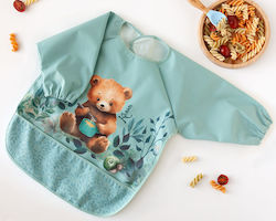 Kiokids Waterproof Fabric Baby Coverall Bib with Hoop & Loop Fastener with Pocket & Sleeves