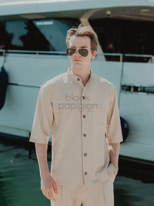Long Sleeve Overshirt In Wide Line Beige