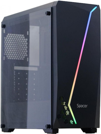 Spacer Flash Gaming Midi Tower Κουτί Υπολογιστή με Πλαϊνό Παράθυρο και RGB Φωτισμό Μαύρο