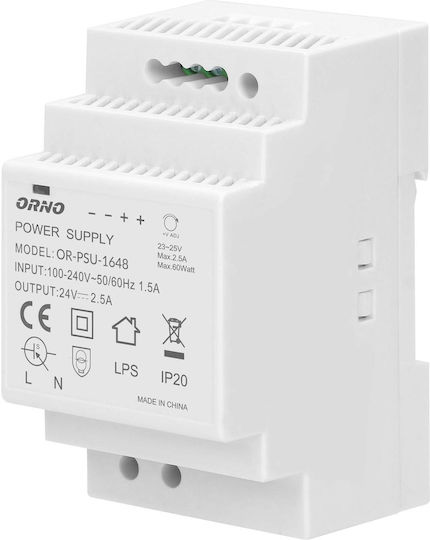 Orno Τροφοδοτικό Ράγας με Έξοδο 24V και Ισχύ 60W 2.5A