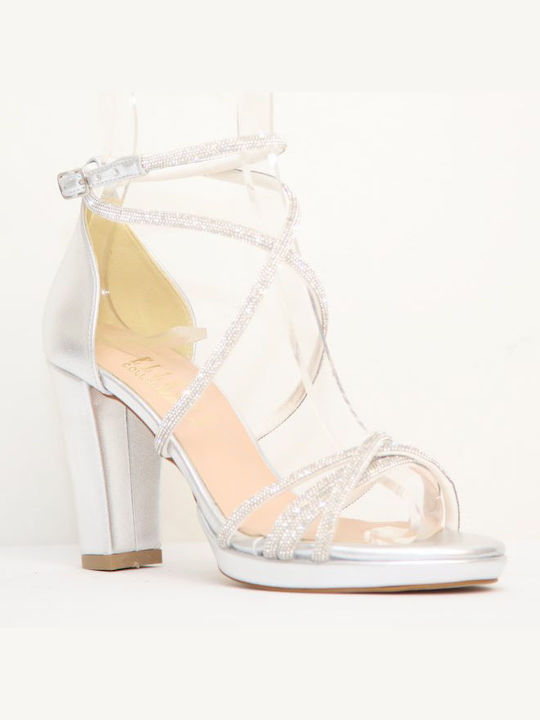 Ellen Synthetic Leather Women's Sandals with Strass Silver with High Heel