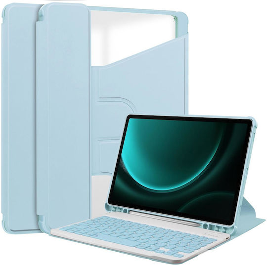Samsung Galaxy Tab S9 Fe+ 360 Rotation Transparent Smart Leather Case Keyboard Sky Blue
