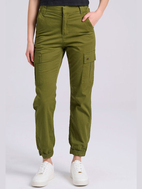 Funky Buddha Women's Cotton Cargo Trousers with Elastic in Regular Fit Olive Branch (oil)