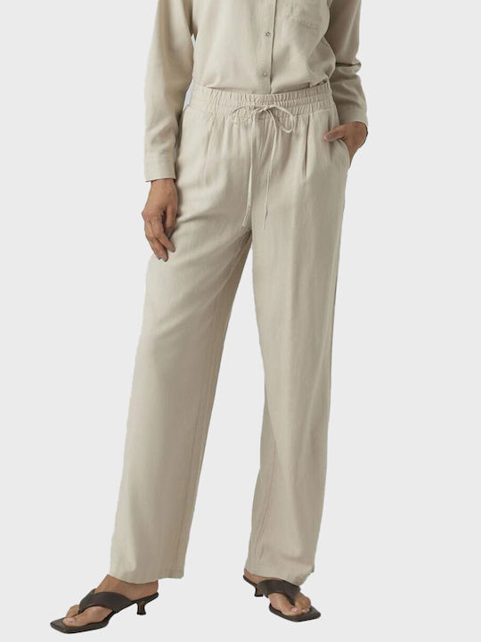 Vero Moda Women's Linen Trousers with Elastic Ecru