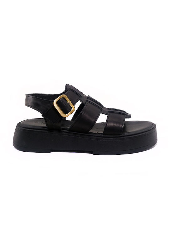 Commanchero Original Leder Damen Flache Sandalen Flatforms in Schwarz Farbe