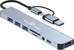 Powertech USB 3.2 Hub 5 Porturi cu conexiune USB-A / USB-C Gri