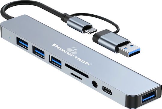 Powertech USB-Hub 5 Anschlüsse USB 3.2 mit Anschluss an einen Computer USB-A / USB-C Grau