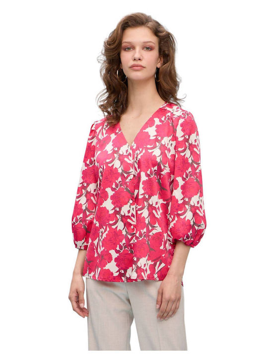 Nadia Chalimou Women's Satin Floral Long Sleeve Shirt Fuchsia