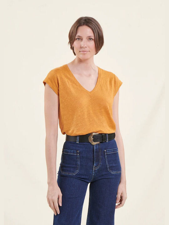 La Fee Maraboutee Women's T-shirt with V Neckline Mustard