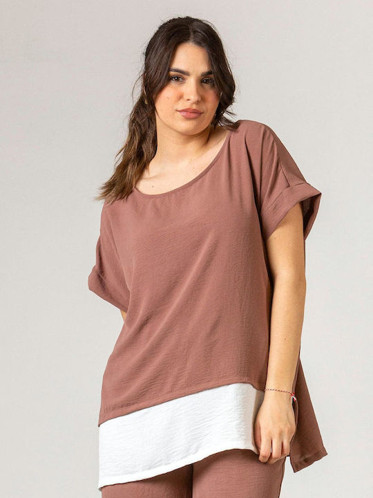 Simple Fashion Bluza de Damă de Satin Bicolour Brown