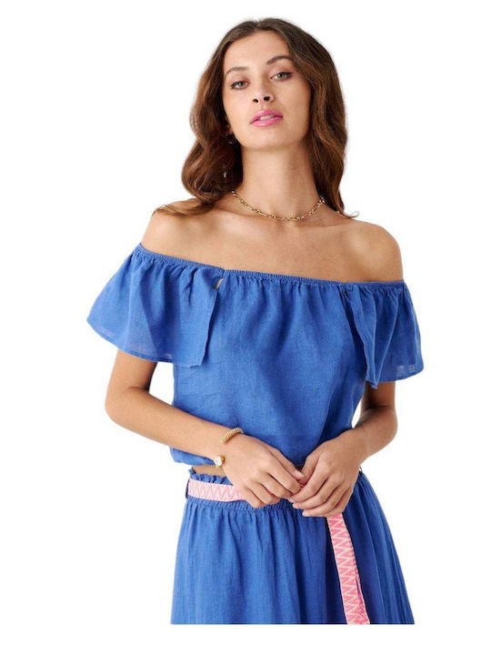 Passager Damen Sommer Bluse Leinen Schulterfrei Blue