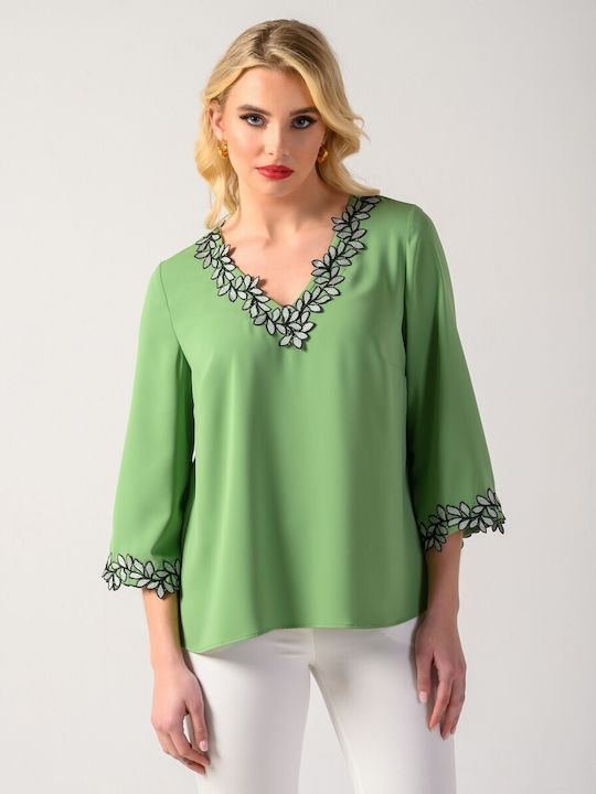 Derpouli Women's Blouse with 3/4 Sleeve & V Neck Green