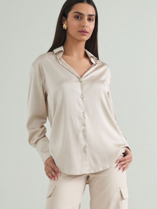 Cento Fashion Women's Satin Long Sleeve Shirt Beige