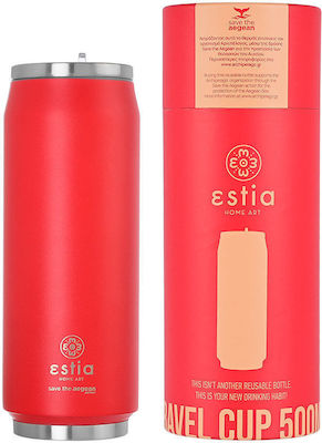 Estia Travel Cup Save the Aegean Recycelbar Glas Thermosflasche Rostfreier Stahl BPA-frei Straw Scarlet Red 500ml mit Stroh