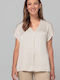 Bianca Di Women's Blouse Satin Short Sleeve with V Neckline Beige