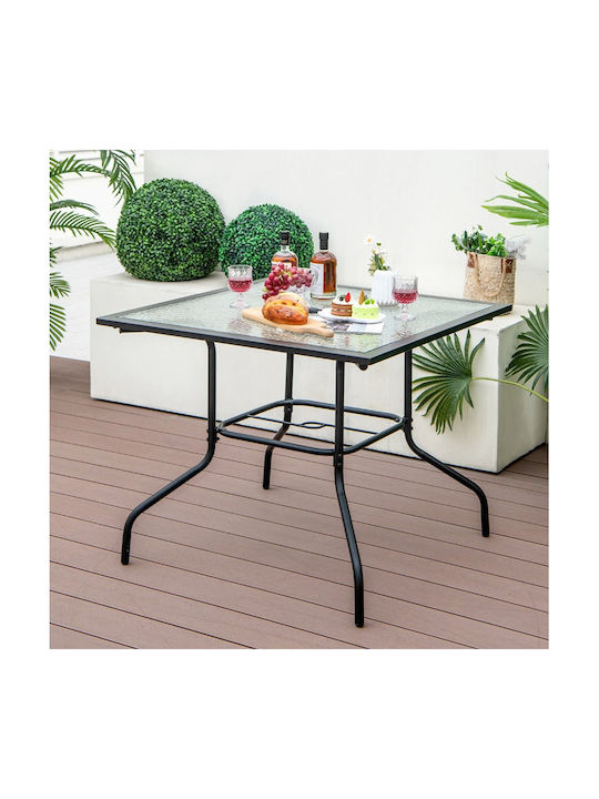 Outdoor Dinner Free Standing Table with Glass Surface and Metal Frame Metallic 89x89x72cm