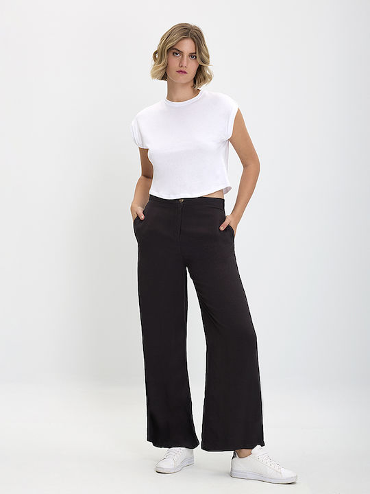 Diana Women's Fabric Trousers in Wide Line Black