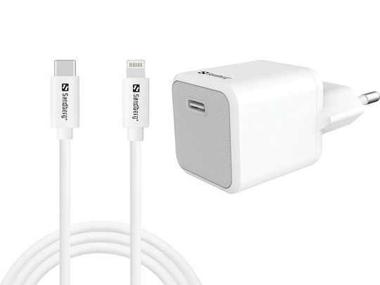 Sandberg Ladegerät mit USB-C Anschluss und Kabel USB-C - Lightning 20W Stromlieferung Weißs (441-57)