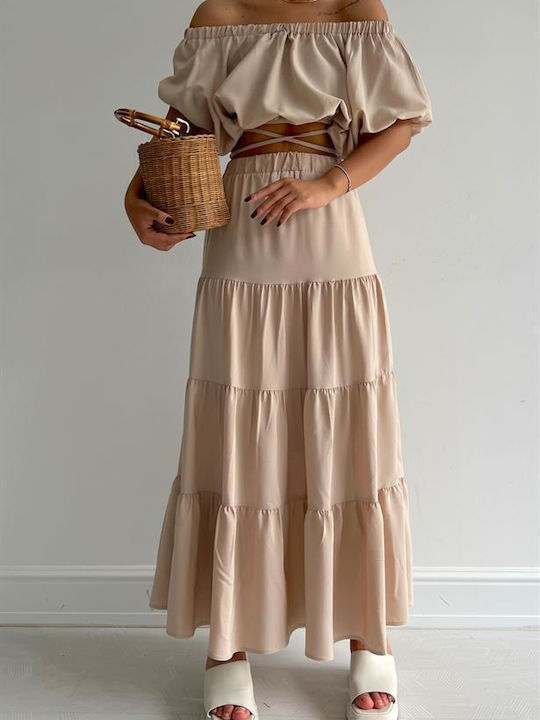 Reyon Set with High Waist Skirt in Beige color