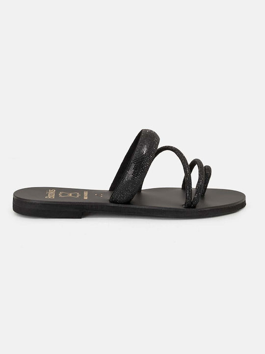 Bozikis Leather Women's Flat Sandals in Black Color