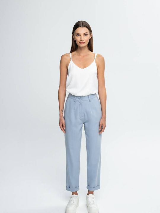 Mind Matter Women's High-waisted Fabric Trousers in Loose Fit Light Blue
