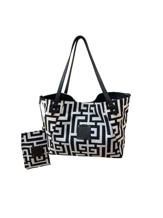 Midneto Kalliope Γυναικεία Τσάντα Shopper Ώμου Silver (Lurex) Black / Beige Black Labyrinth