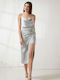 Enzzo Satin Hohe Taille Midi Rock in Silber Farbe