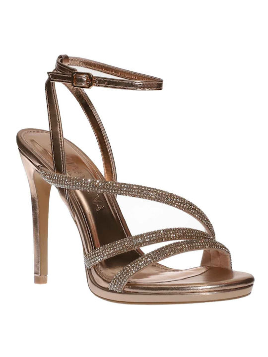 Primadonna Platform Women's Sandals with Strass & Ankle Strap Gold with Chunky High Heel