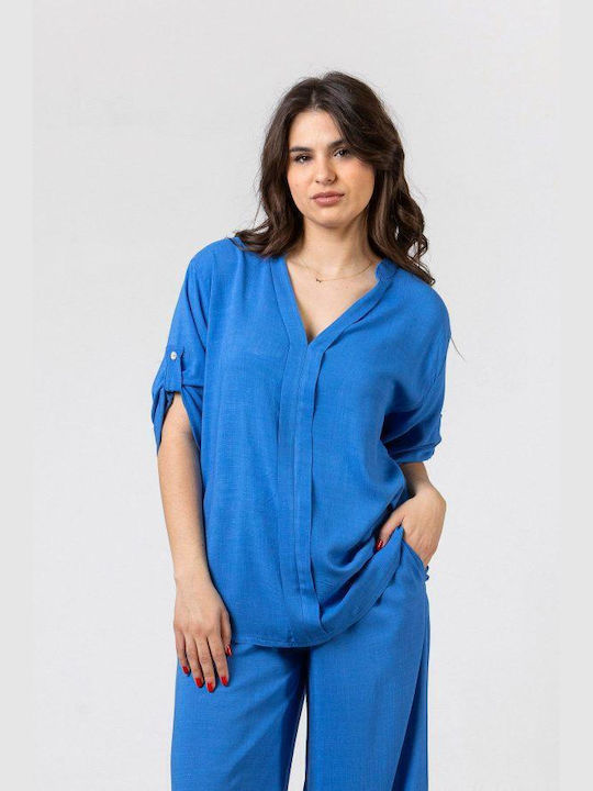 Simple Fashion Tunika mit 3/4 Ärmel mit V-Ausschnitt Blue