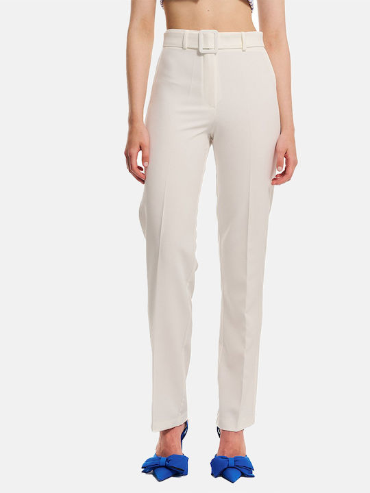 Forel Women's High-waisted Fabric Trousers in Straight Line Ecru