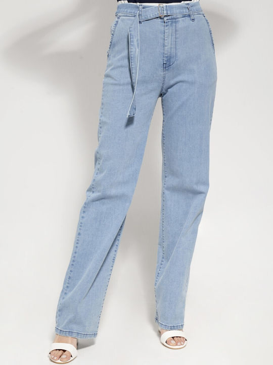 Tresor Women's Fabric Trousers in Wide Line Light Blue