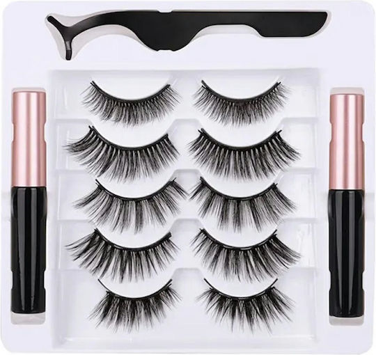 Set 5 Pairs Magnetic Eyelashes Ubx Tweezers Eyeliner Plastic Waterproof Black