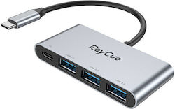 RayCue USB 3.0 Hub 4 Porturi cu conexiune USB-C / USB-A și Port de încărcare Gri