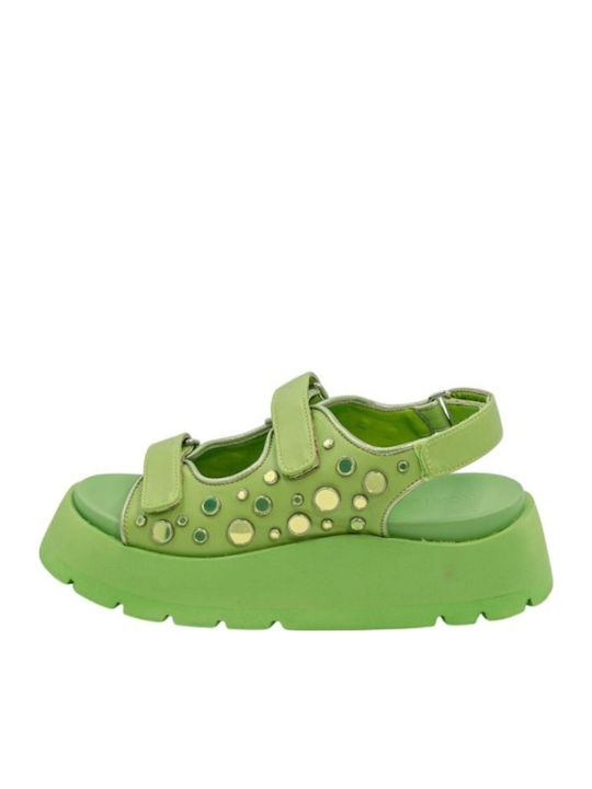 Leather Women's Flat Sandals Sporty in Green Color
