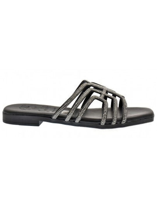 Oh My Sandals Leder Damen Flache Sandalen in Schwarz Farbe