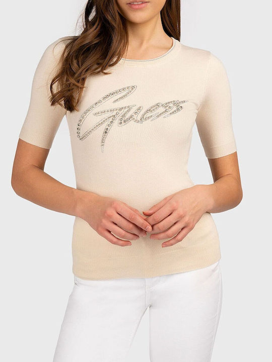 Guess Short Sleeve Knit Blouse with Logo Strass...