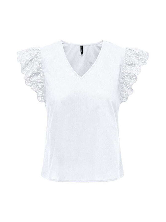 Only Women's Blouse Cotton with V Neckline White