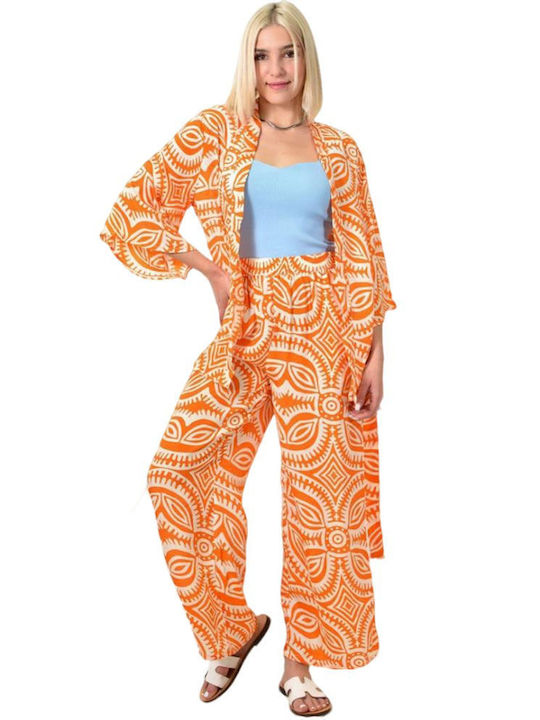 Pantaloni kimono set brodați portocalii 23818