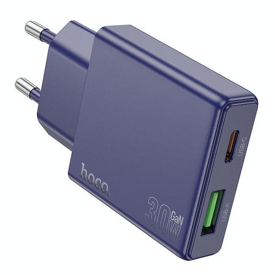Hoco Φορτιστής Χωρίς Καλώδιο GaN με Θύρα USB-A και Θύρα USB-C 30W Power Delivery / Quick Charge 3.0 Μπλε (N45)