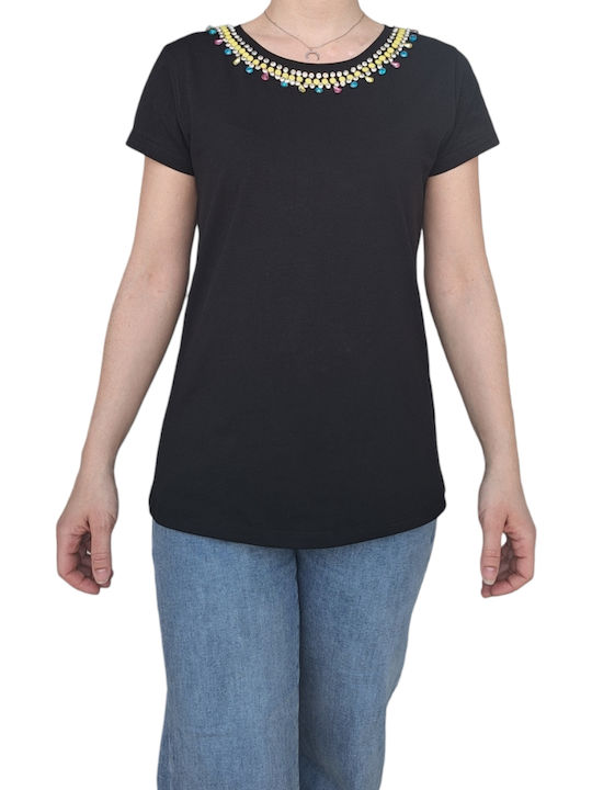 Women's T-shirt with Decorative Stones Black