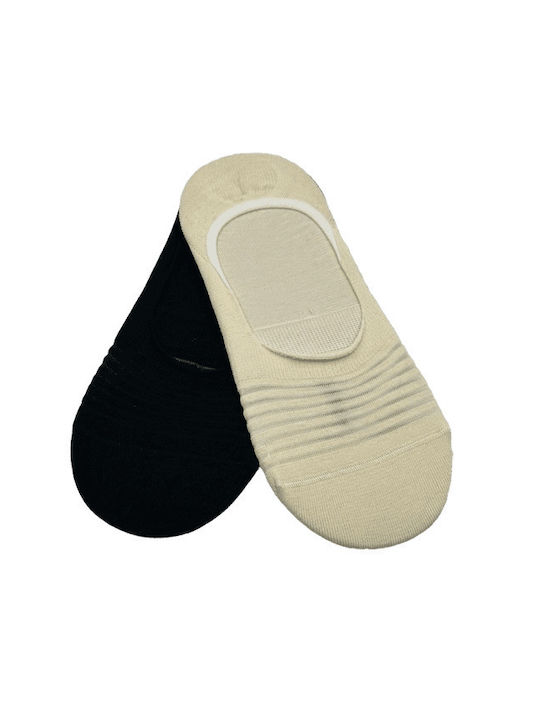 Me We Damen Baumwoll-Hochschaft-Invisible-Socken mit gestreiftem Design & transparentem Einsatz 2 Paar Ecru-Schwarz