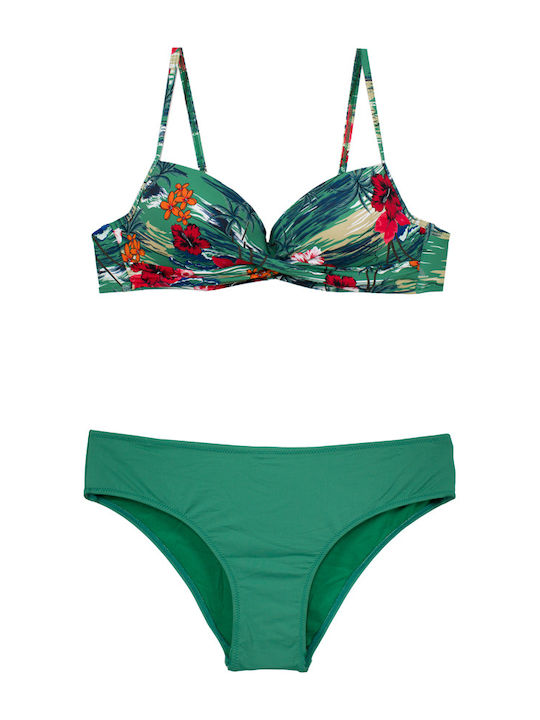 Damen Bikini Set mit gerafftem Bandeau, Blumenmuster, Grün S24