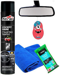 Feral 236491 Car Dashboard Glass Cleaning Set Feral 4 Pieces Dashboard Polish Cherry Scent 750ml Microfiber Cleaning Towel Cherry Scent Hanging Monsters Cherry Dashboard Wet Wipes