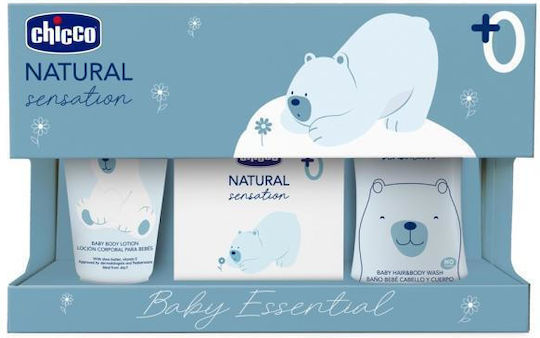 Setul esențial pentru bebeluși Chicco Natural Sensation - Gel de curățare pentru corp și păr 200ml + Balsam pentru corp 150ml + Apă de parfum 100ml