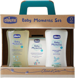Комплект Chicco Baby Moments: Течен сапун за баня 200 мл + Лосион за тяло 200 мл + Тоалетна вода 100 мл